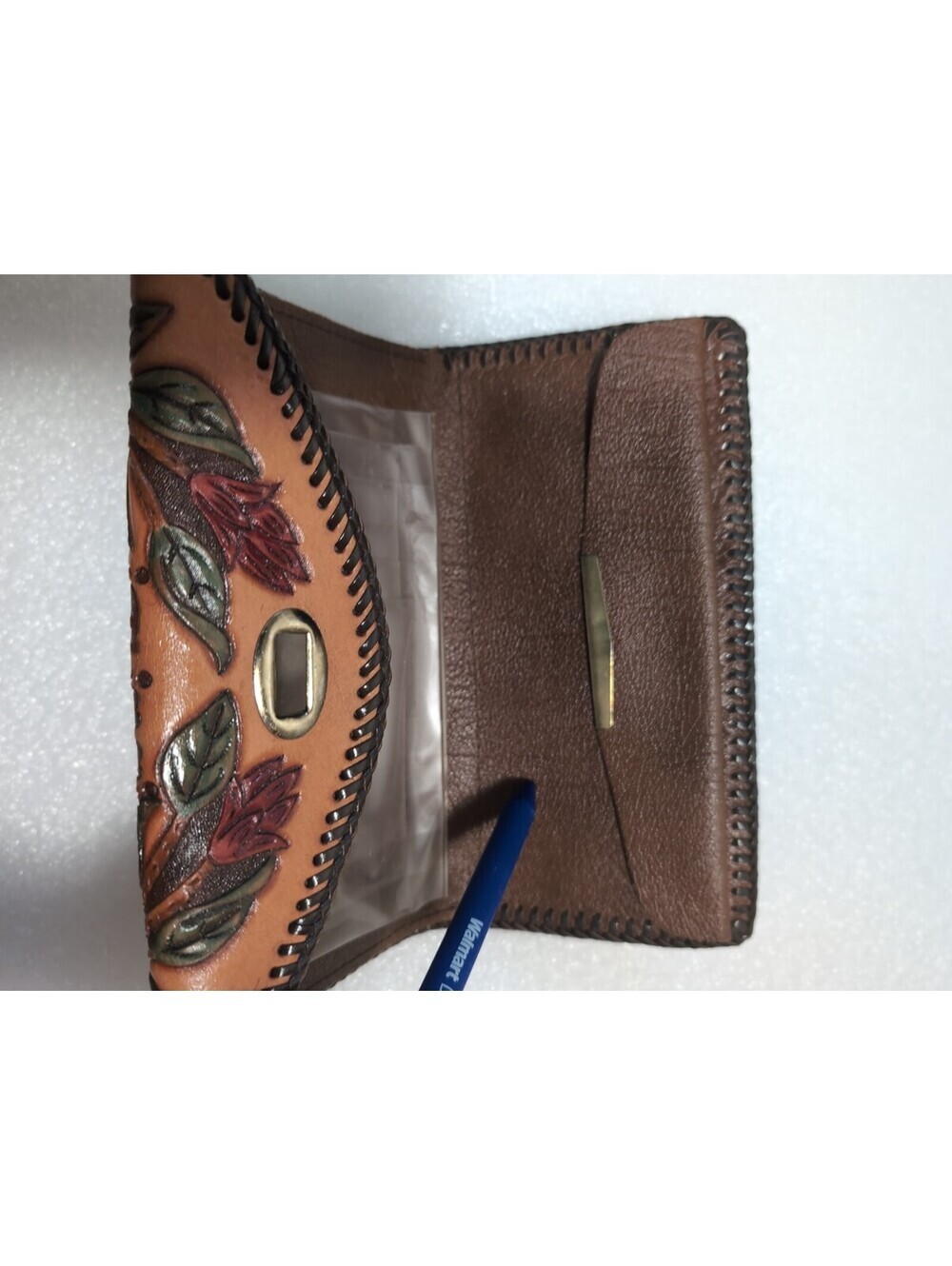 Floral Brown Genuine Leather Vintage Hand-Tooled Clutch/Wallet "SM" Initials - Picture 4 of 5